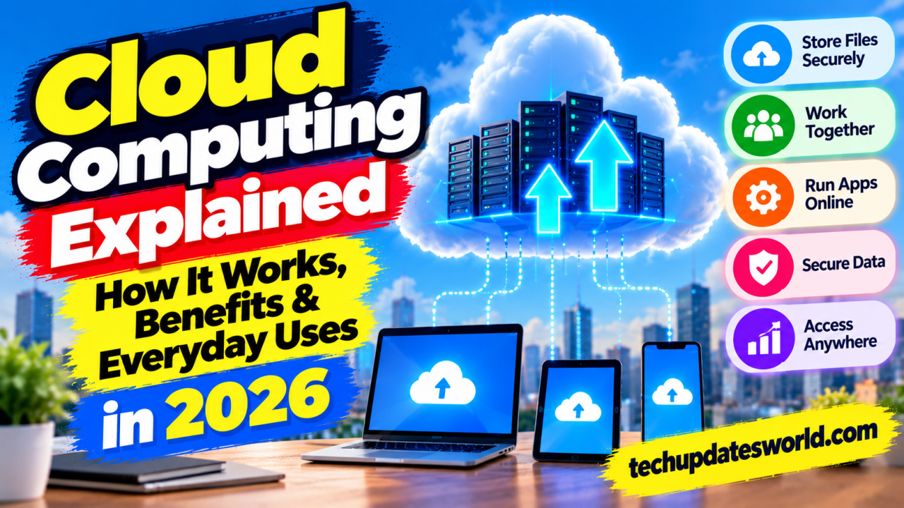 Cloud computing explained with cloud-based servers, a laptop, tablet, smartphone, and digital file storage icons.
